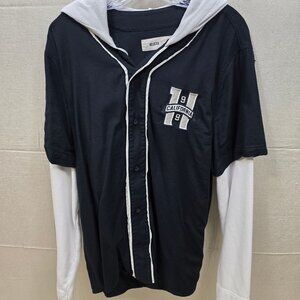 Hollister Hoodie Shirt Mens L Layered Long Sleeve Hooded Button Black White